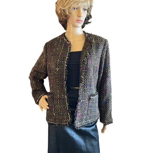 Patti and Leo Womens Jacket Sz M Checked Brown Multi-Color Fringed for Two Bits - Picture 8 of 10